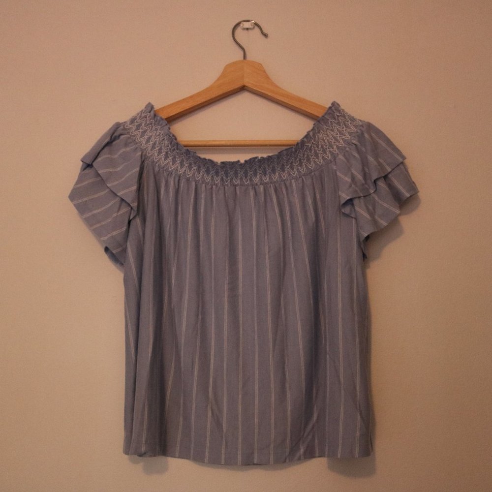 Blue & white off the shoulder shirt